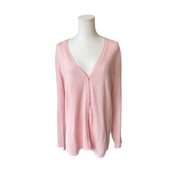 Talbots Pink Cardigan Sweater Size M Long Cotton Lightweight Oversized Dainty - Picture 2 of 10